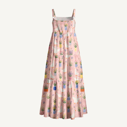 Floral Geese Parade Print Wide Straps Maxi Dress With Pockets