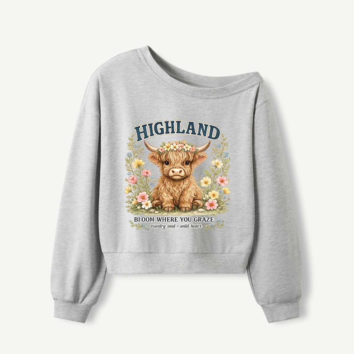 Highland Cow Wildflower Print Off Shoulder Sweatshirts