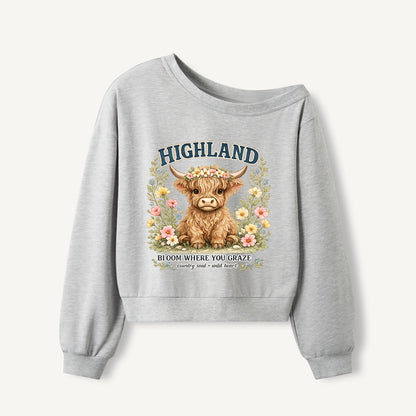 Highland Cow Wildflower Print Off Shoulder Sweatshirts