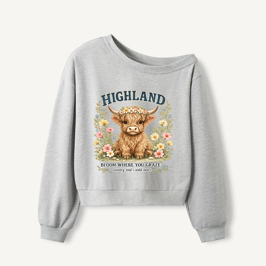 Highland Cow Wildflower Print Off Shoulder Sweatshirts