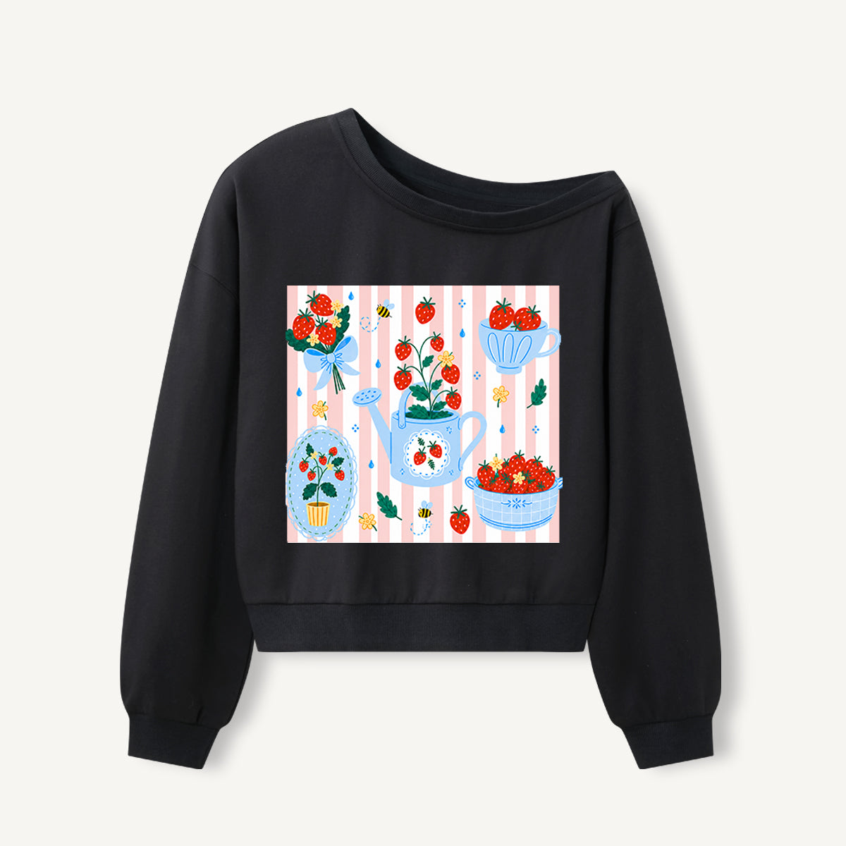 Strawberry Garden Harvest Print Off Shoulder Sweatshirts