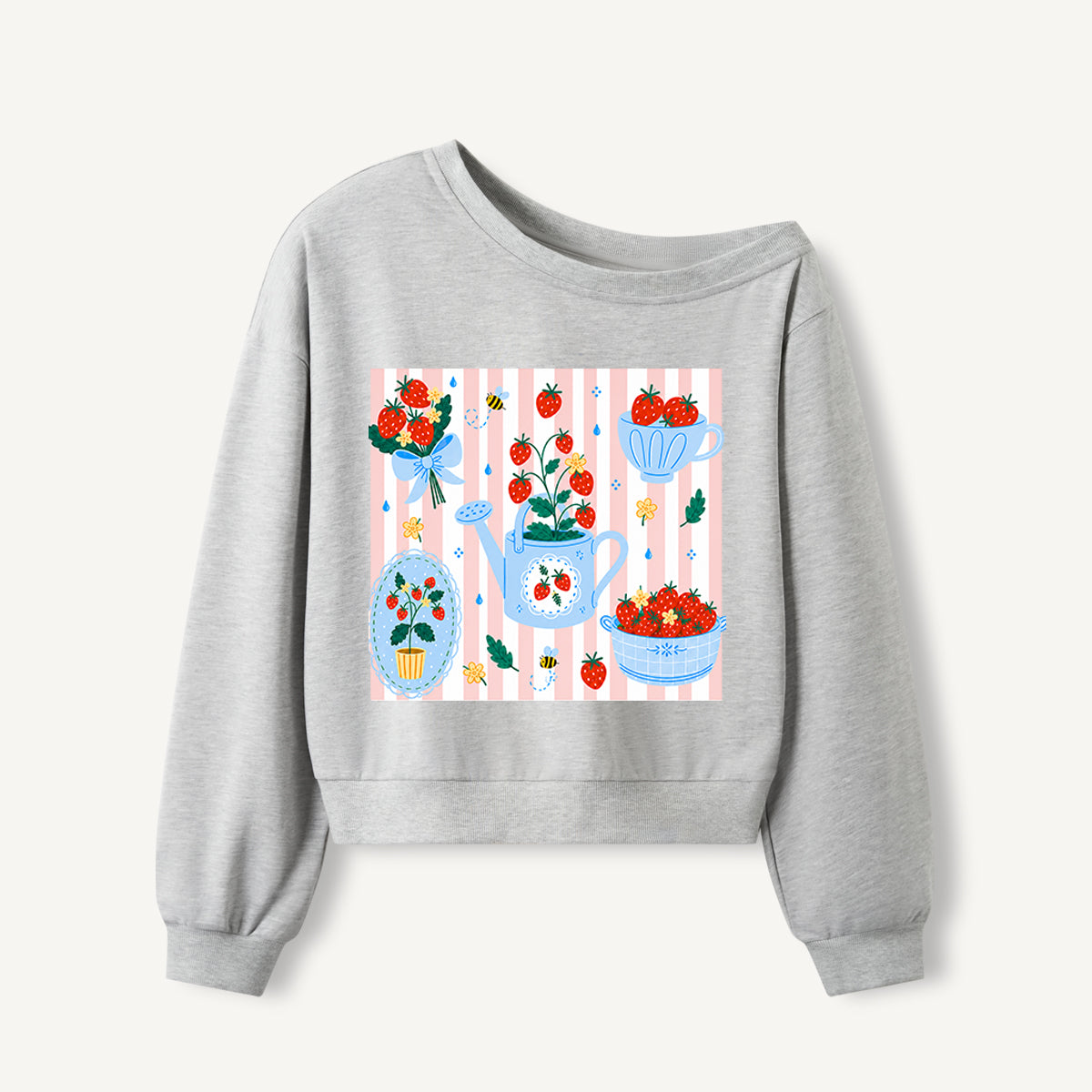 Strawberry Garden Harvest Print Off Shoulder Sweatshirts