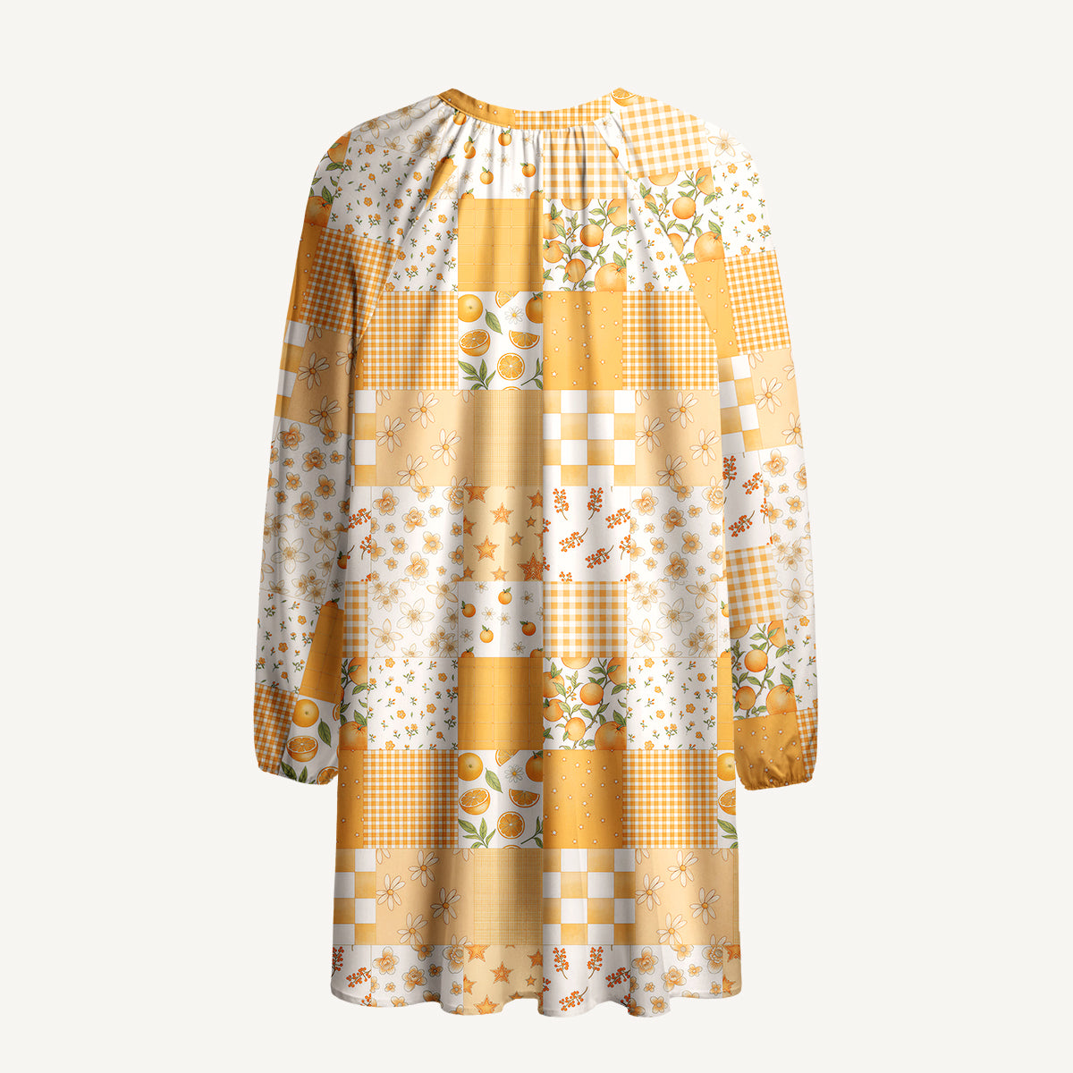 Lemon Sunshine Patchwork Print Boho Tie‑Neck Smock Mini Dress