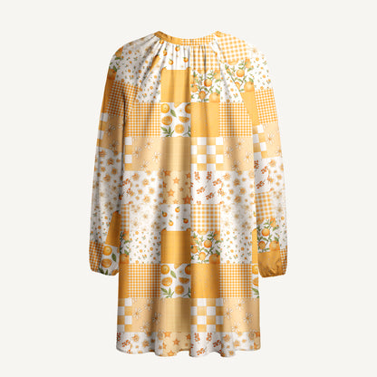 Lemon Sunshine Patchwork Print Boho Tie‑Neck Smock Mini Dress