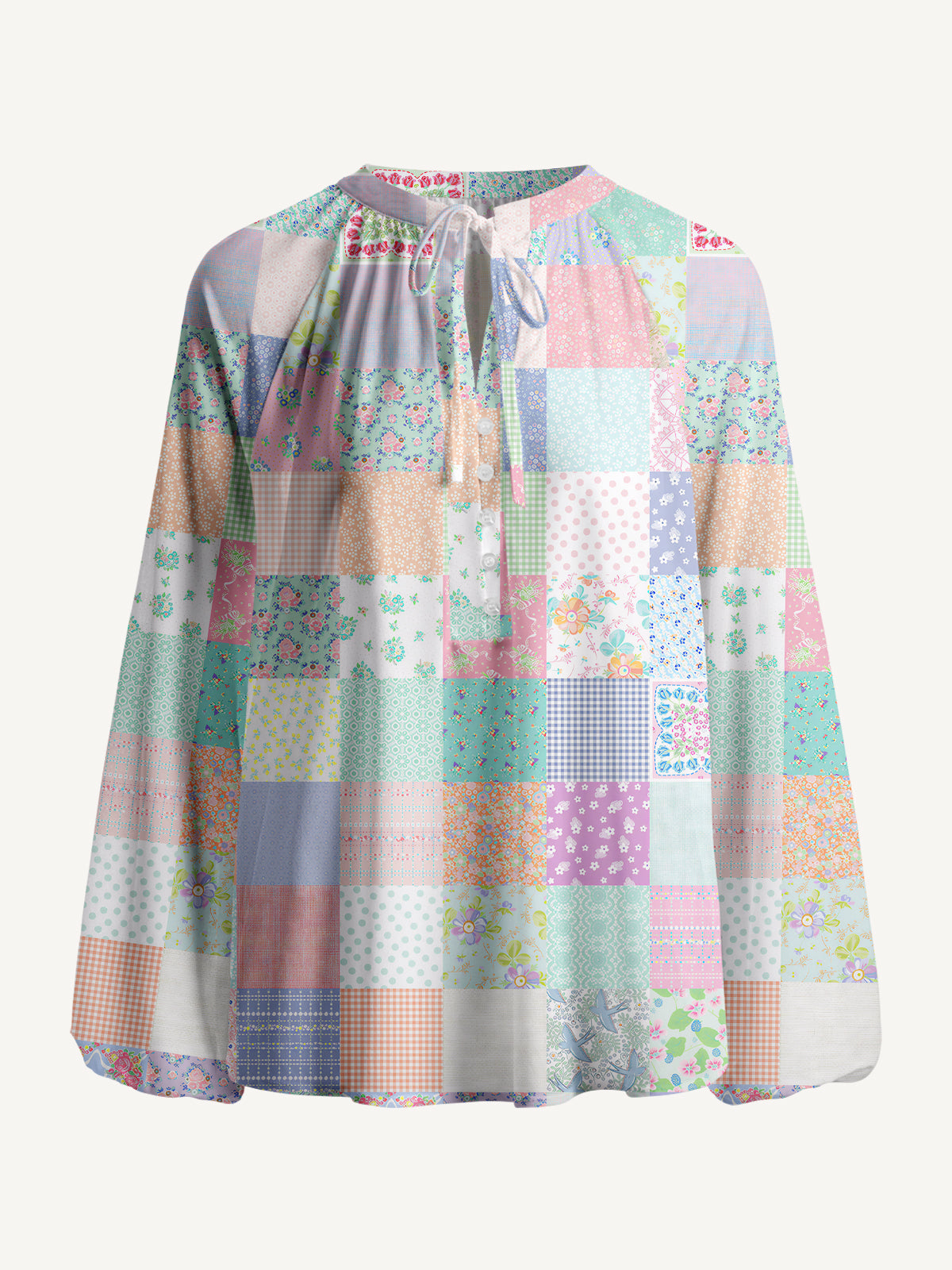 Vintage Quilt Patchwor Print Boho Long Sleeve Tie‑Neck Blouse