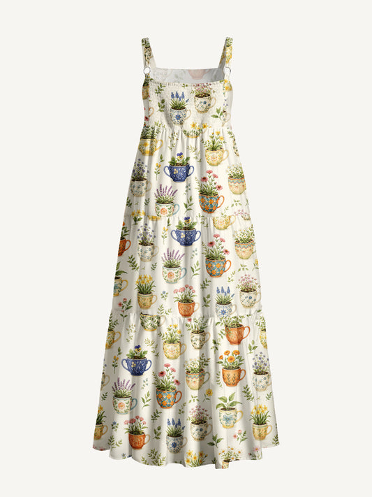Whimsical Teacup Garden Print Wide Straps Maxi Dress With Pockets