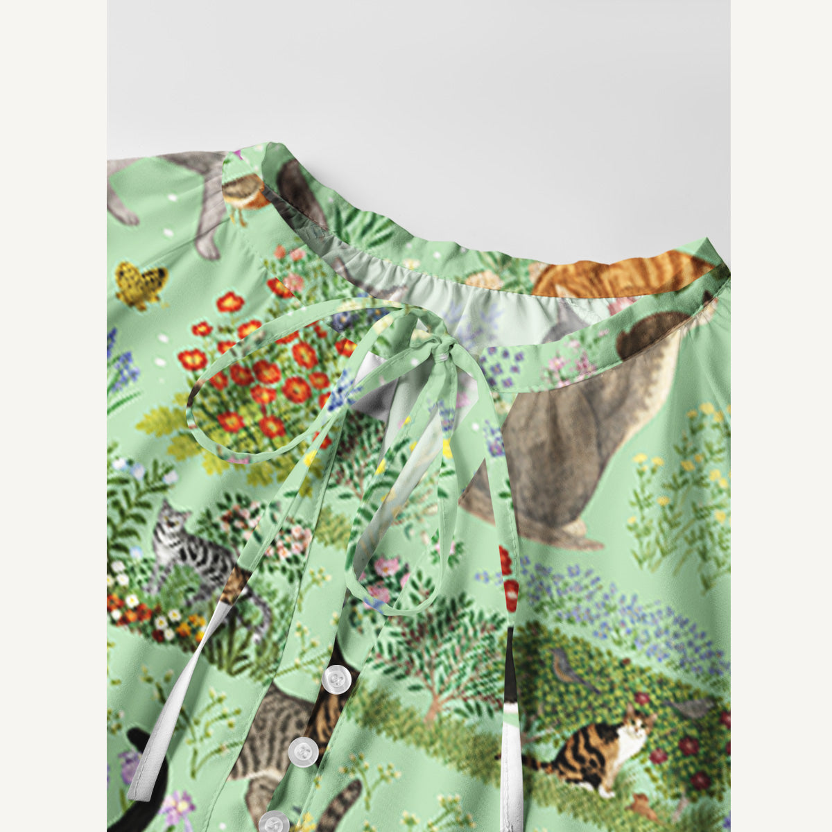 Botanical Cat Garden Print Boho Tie‑Neck Smock Mini Dress