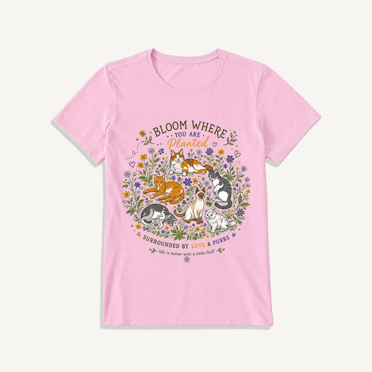 Blooming Cats & Wildflowers Print Crew Neck Cotton Tee