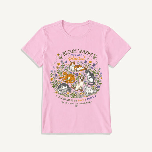 Blooming Cats & Wildflowers Print Crew Neck Cotton Tee