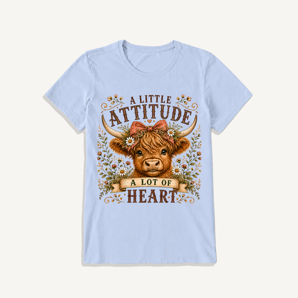 Little Attitude Highland Cow Print Crew Neck Cotton Tee