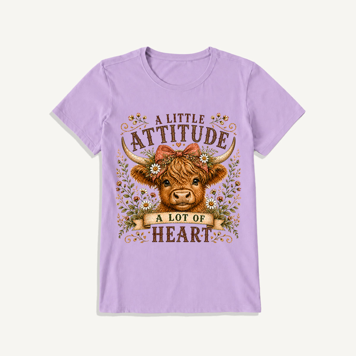 Little Attitude Highland Cow Print Crew Neck Cotton Tee
