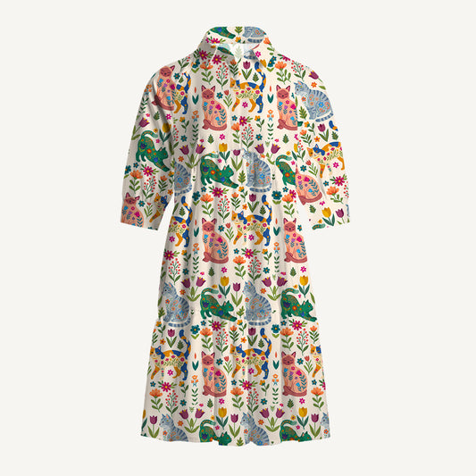 V Neck Collared Cute Flower Cat Mini Dress For Women With Pockets