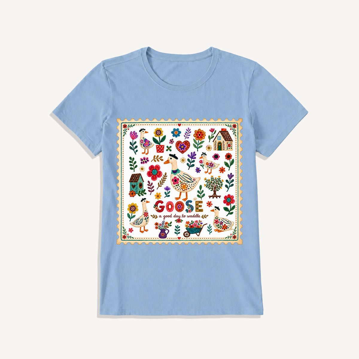 Floral Goose Garden Print Crew Neck Cotton Tee