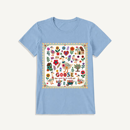 Floral Goose Garden Print Crew Neck Cotton Tee