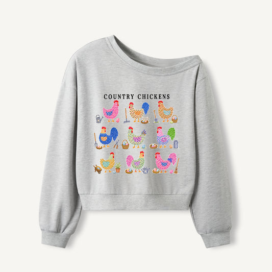 Cottage Chicken Collection Print Off Shoulder Sweatshirts