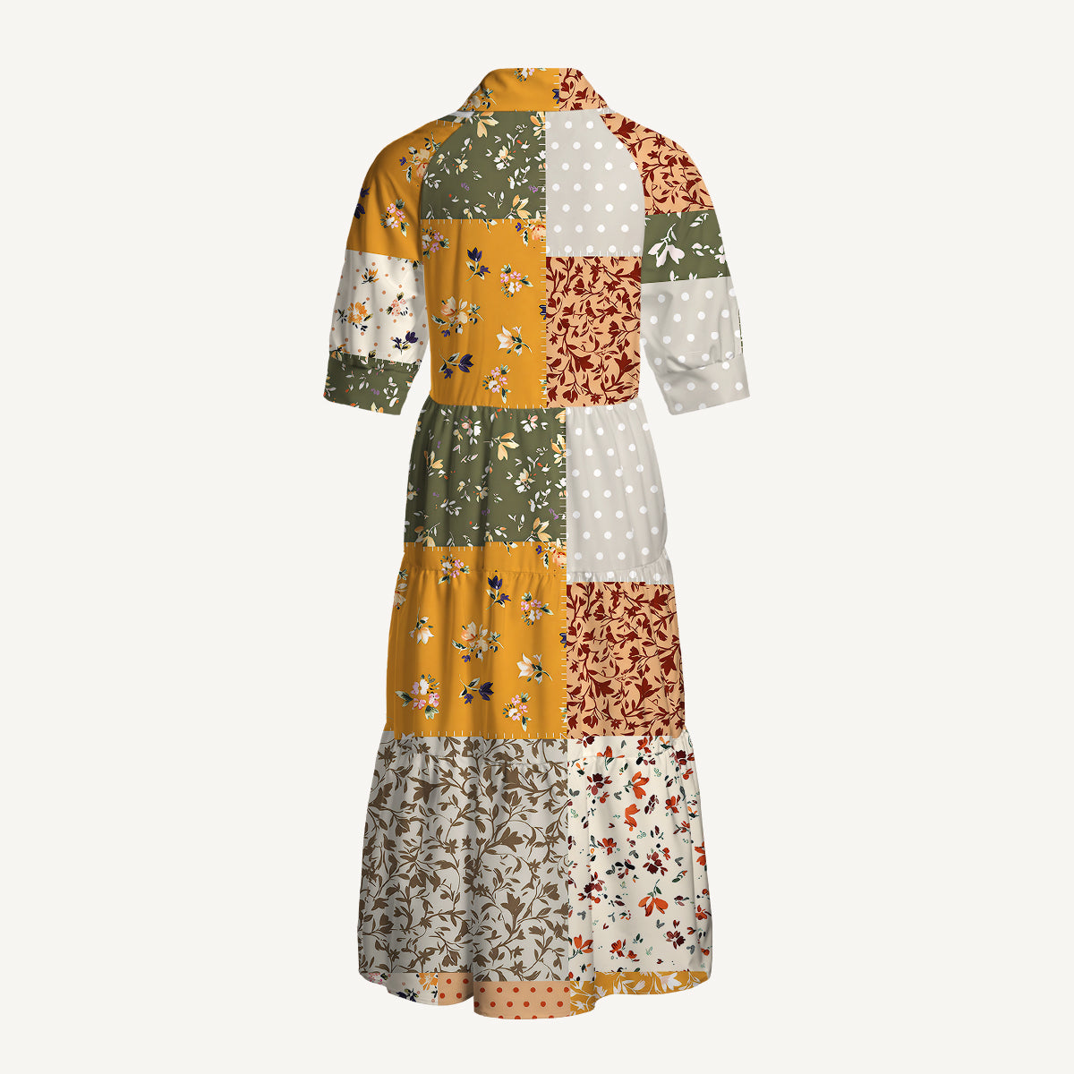 V Neck Collared Rustic Floral Patchwork Print Casual Midi Dress With Pockets