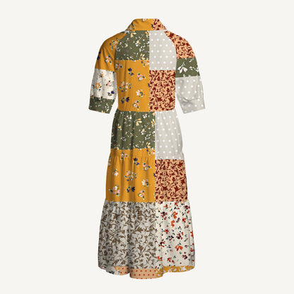 V Neck Collared Rustic Floral Patchwork Print Casual Midi Dress With Pockets