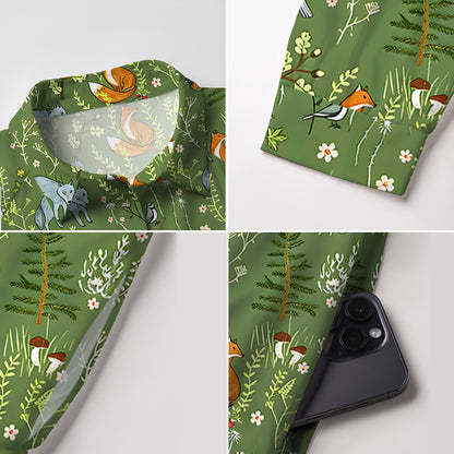 V Neck Collared Whimsical Woodland Animals Mini Dress For Women With Pockets