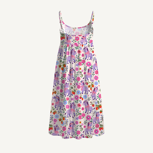 Strawberry Blossom Donkeys Print Spaghetti Strap Mini Dress