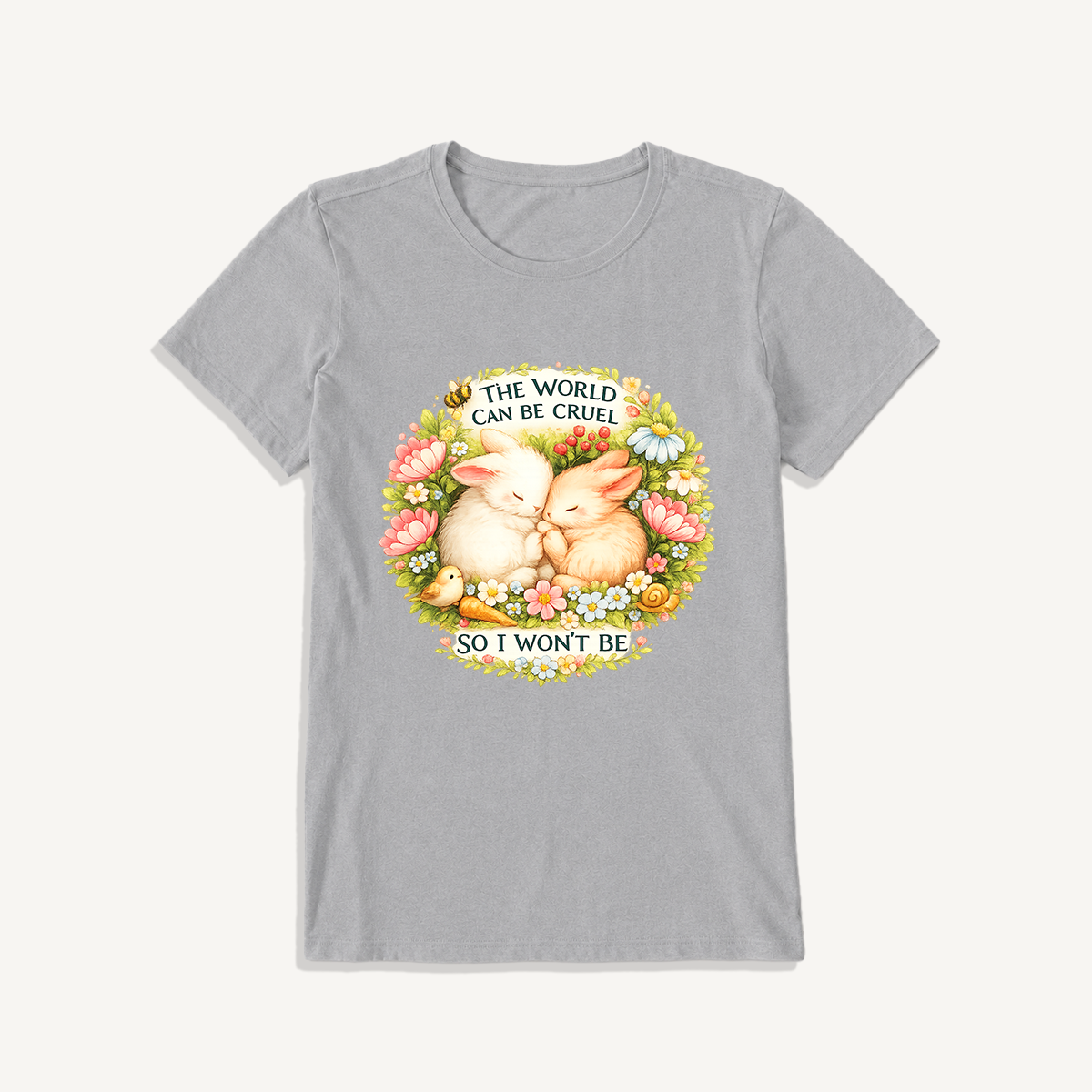 Gentle Bunny Embraces Print Crew Neck Cotton Tee