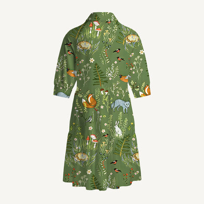 V Neck Collared Whimsical Woodland Animals Mini Dress For Women With Pockets