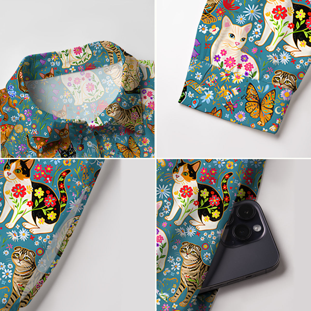 V Neck Collared Colorful Garden Cat Mini Dress For Women With Pockets