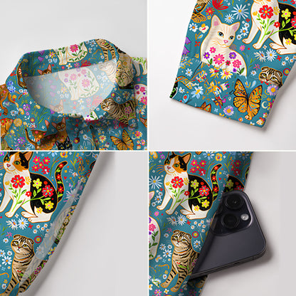V Neck Collared Colorful Garden Cat Mini Dress For Women With Pockets