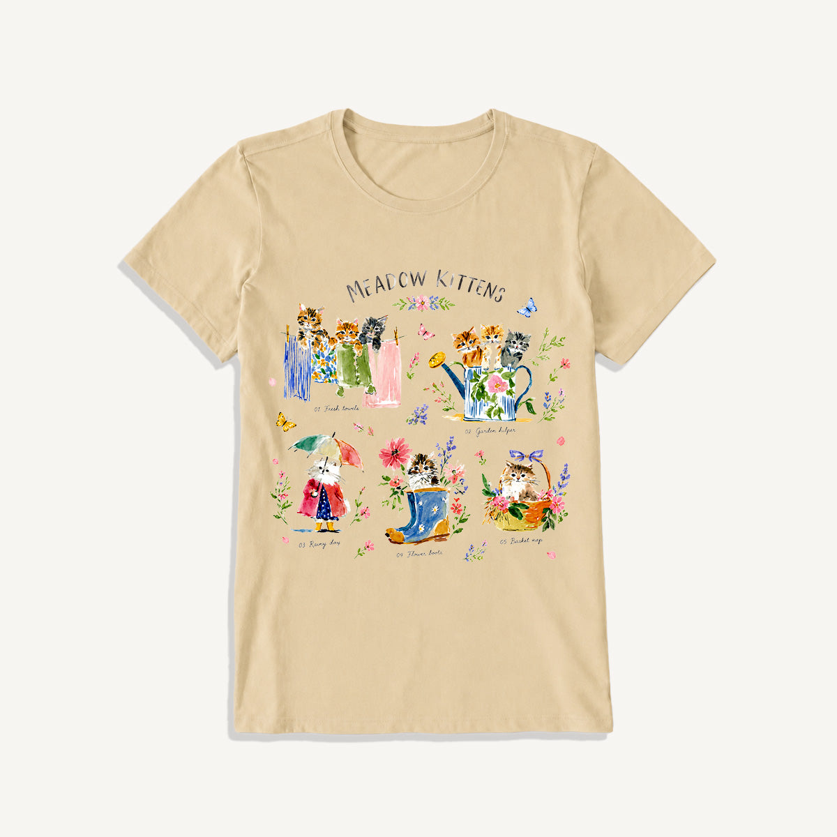 Watercolor Meadow Kittens Guide Print Crew Neck Cotton Tee