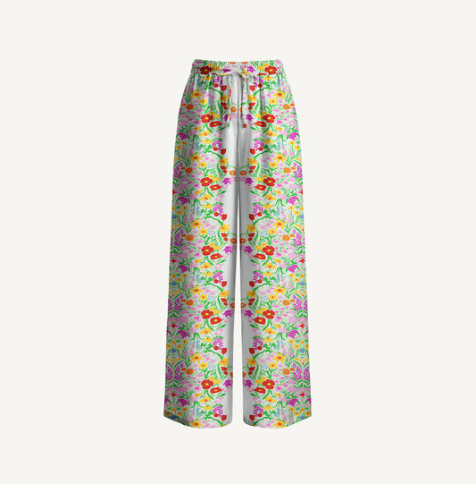 Elegant Garden Print Wide Leg Tie Waist Pants With Pockets