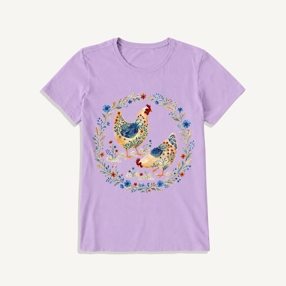 Blue Floral Hens Garden Print Crew Neck Cotton Tee