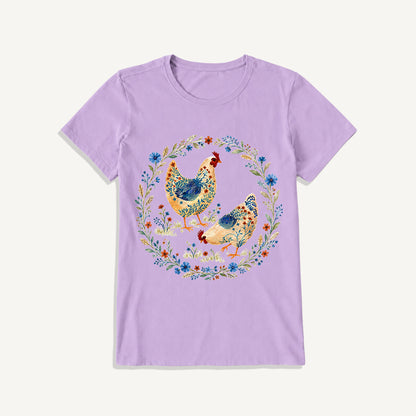 Blue Floral Hens Garden Print Crew Neck Cotton Tee