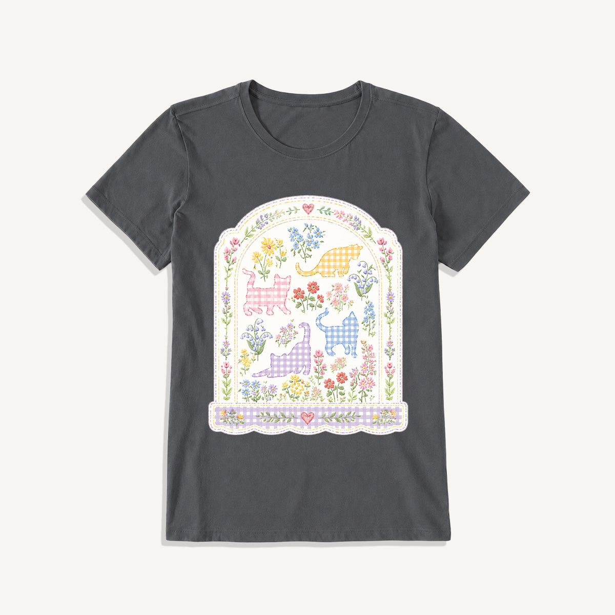 Gingham Cats Arch Frame Print Crew Neck Cotton Tee