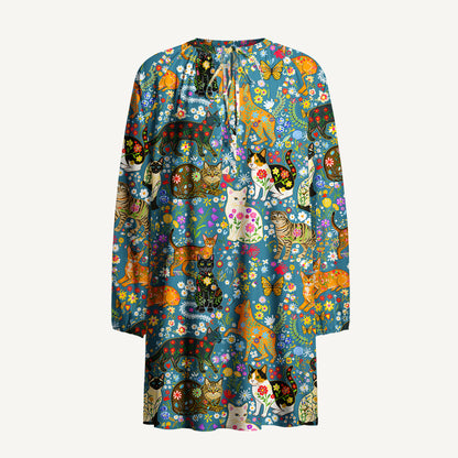 Colorful Garden Cat Pattern Print Boho Tie‑Neck Smock Mini Dress