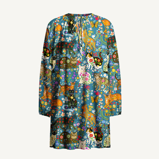 Colorful Garden Cat Pattern Print Boho Tie‑Neck Smock Mini Dress