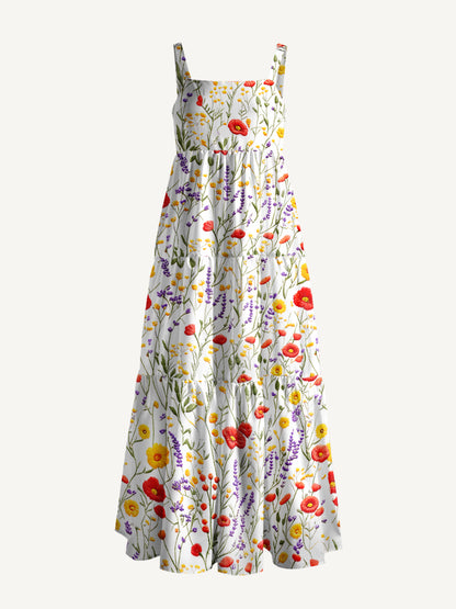 Floral Meadow Sunshine Print Wide Straps Maxi Dress With Pockets