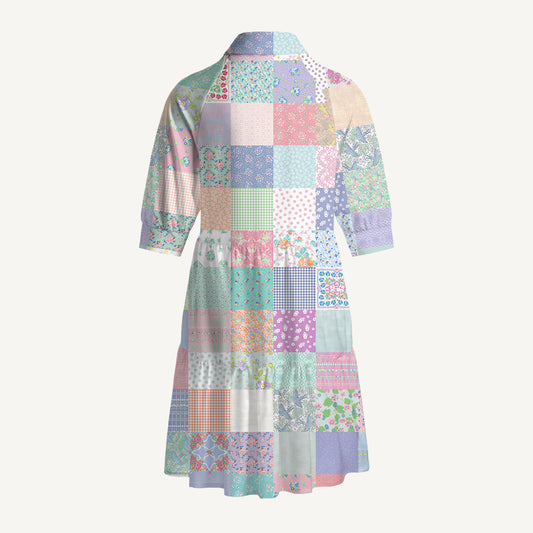 V Neck Collared Vintage Quilt Patchwork Mini Dress For Women With Pockets