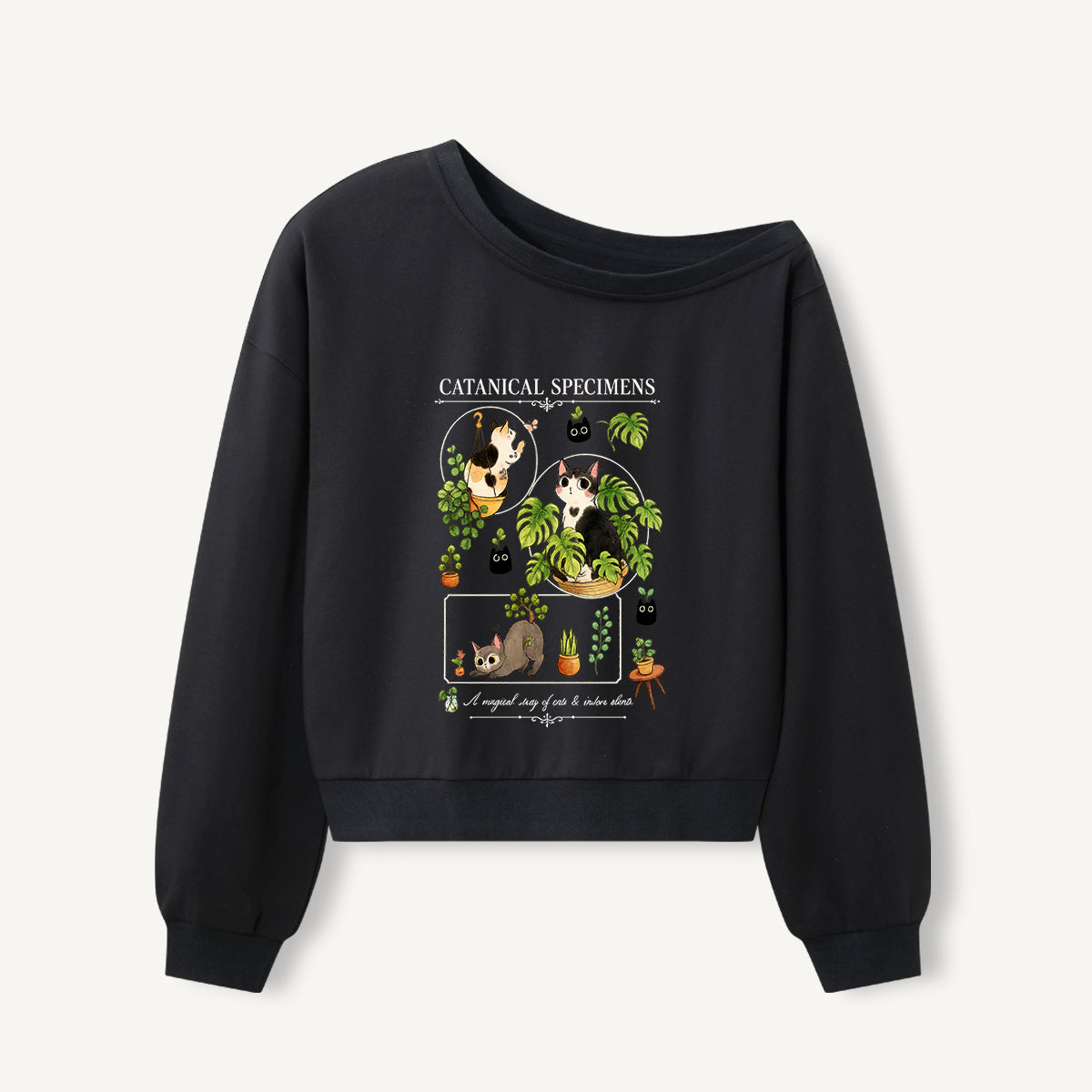 Catanical Botanical Study Print Off Shoulder Sweatshirts
