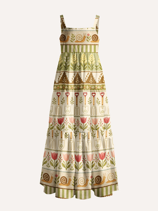 Garden Tales · Snail & Tulip Print Wide Straps Maxi Dress With Pockets