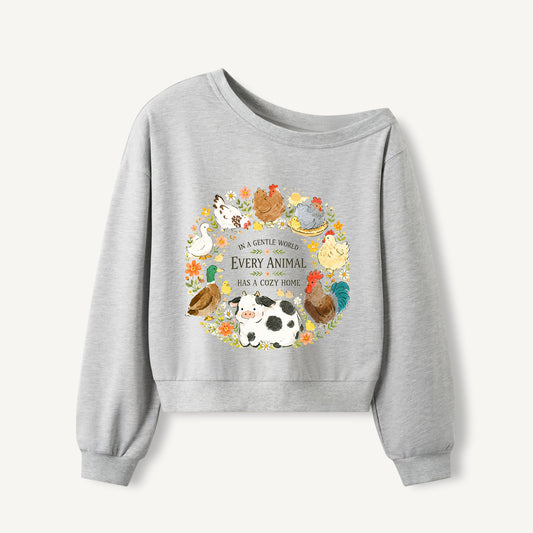 Gentle World Animals Print Off Shoulder Sweatshirts
