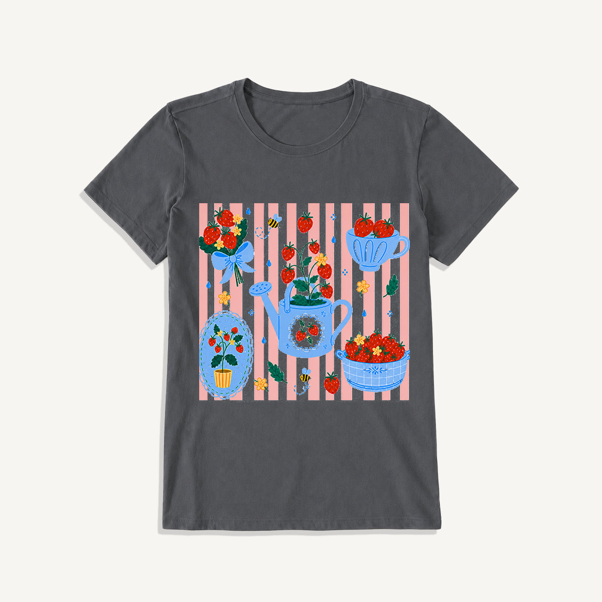 Strawberry Garden Harvest Print Crew Neck Cotton Tee