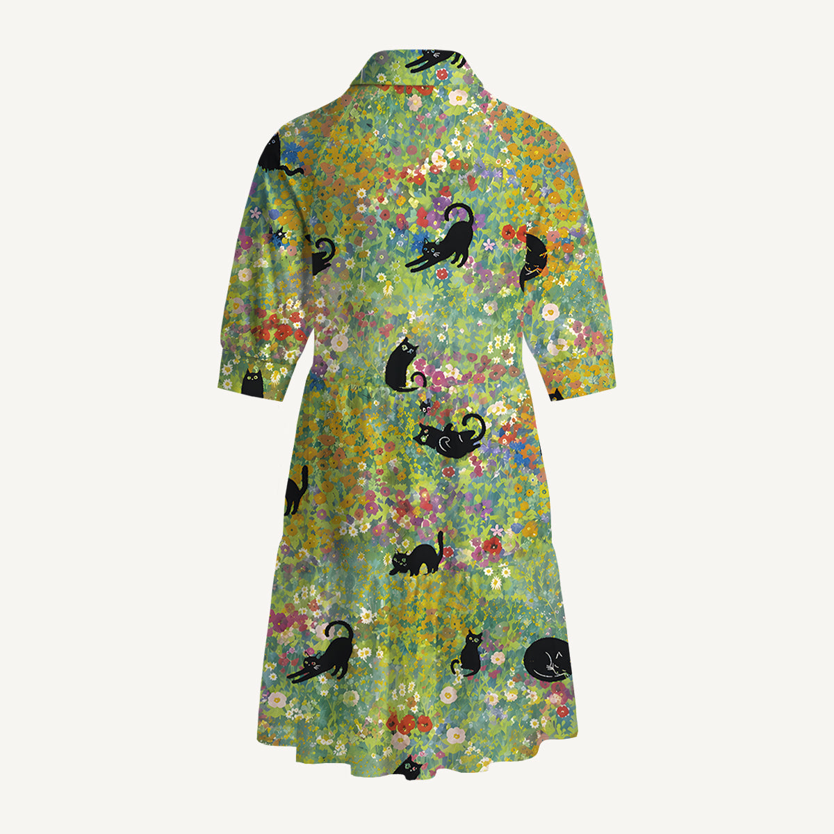 V Neck Collared Wildflower Garden Black Cat Mini Dress For Women With Pockets