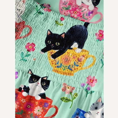 Cute Teacup Kitten Print Cotton Wide Straps Maxi Dress With Pockets