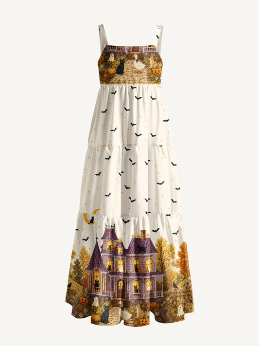 Moonlit Pumpkin Manor Print Wide Straps Maxi Dress With Pockets