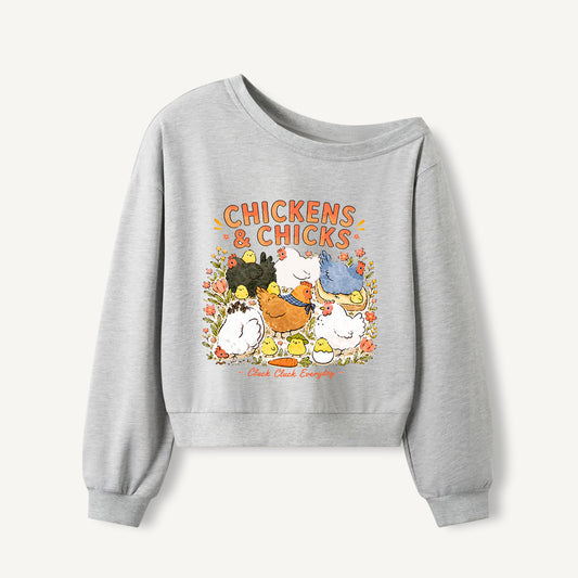 Cluck Cluck Everyday Print Off Shoulder Sweatshirts