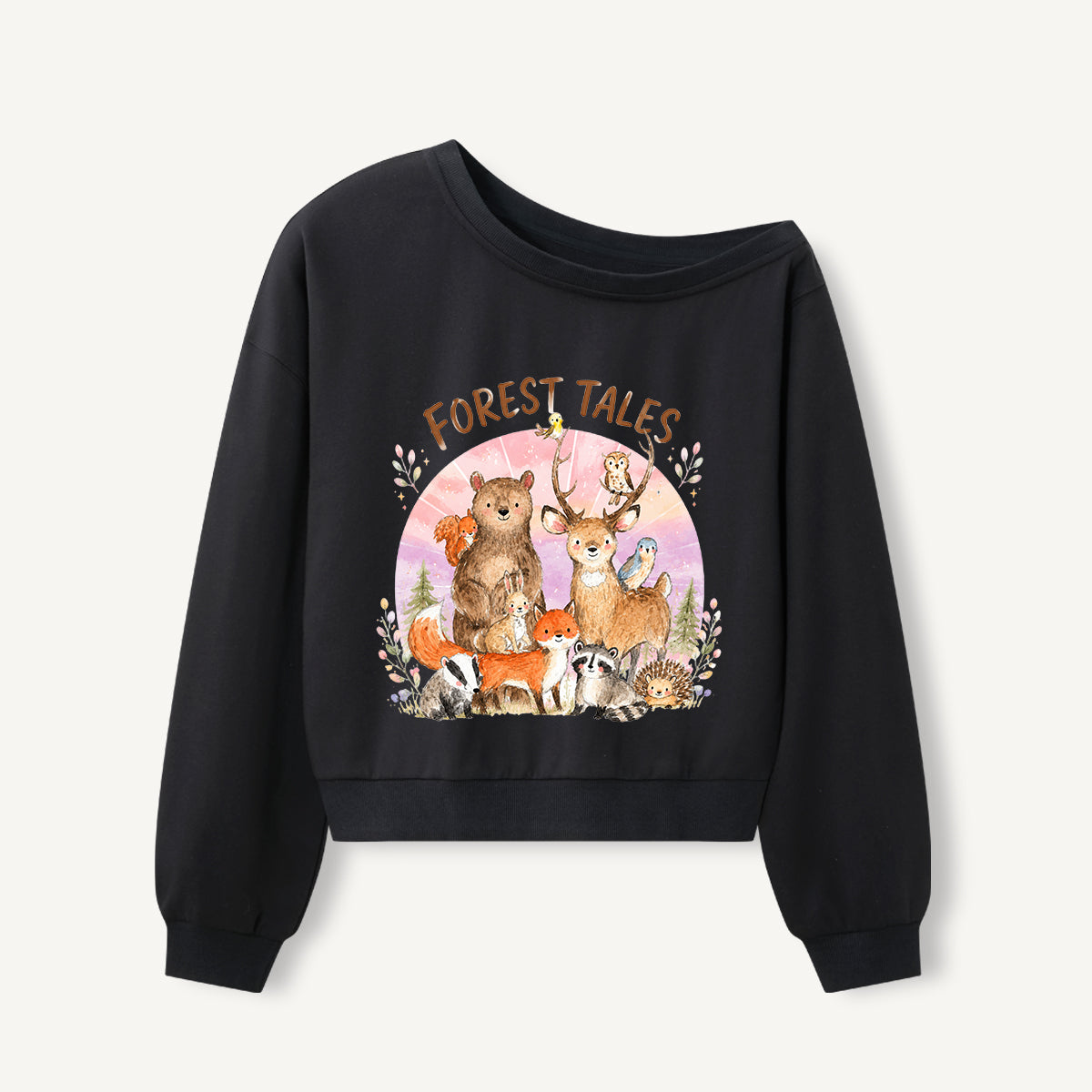 Forest Tales Friends Print Off Shoulder Sweatshirts