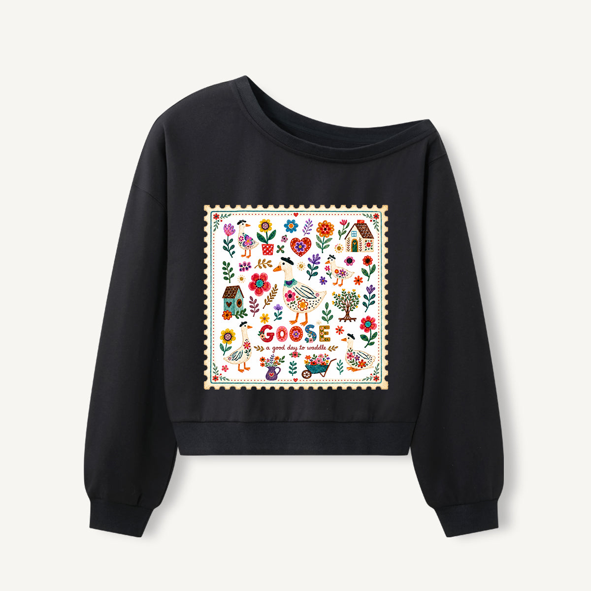 Floral Goose Garden Print Off Shoulder Sweatshirts