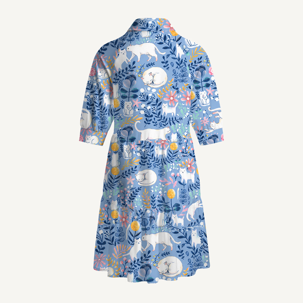 V Neck Collared Blue Leaf Cat Mini Dress For Women With Pockets
