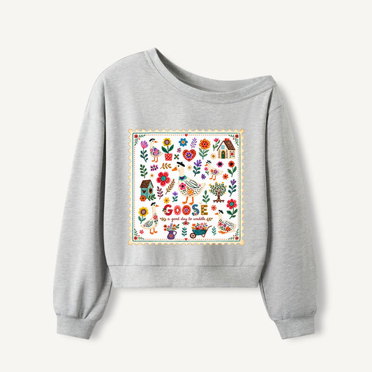 Floral Goose Garden Print Off Shoulder Sweatshirts