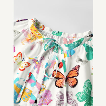 Rainbow Butterfly Garden Print Boho Tie‑Neck Smock Mini Dress