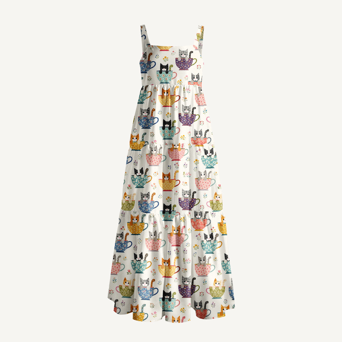 Perler Bead Cat Print Wide Straps Maxi Dress With Pockets